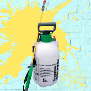 
            
                Load image into Gallery viewer, White bottle Green top black hose Side Strap Pressure Sprayer 5L 5 litre tank
            
        
