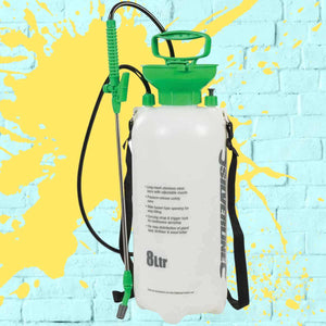 
            
                Load image into Gallery viewer, White bottle Green top black hose Side Strap Pressure Sprayer 8L 8 litre tank
            
        