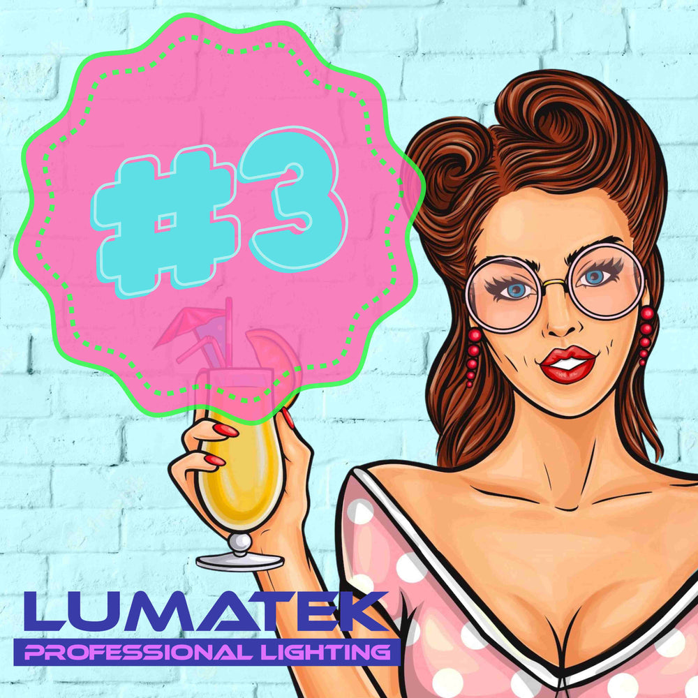 SEXY RETRO STEPFORD WIFE WEARING GLASSES AND A POLKA DOT PINK DRESS HOLDING A COCKTAIL BESIDE THE LUMATEK LOGO- TOP THREE BEST SELLER HYDRO PRODUCT BRANDS IN UK AND EUROPE