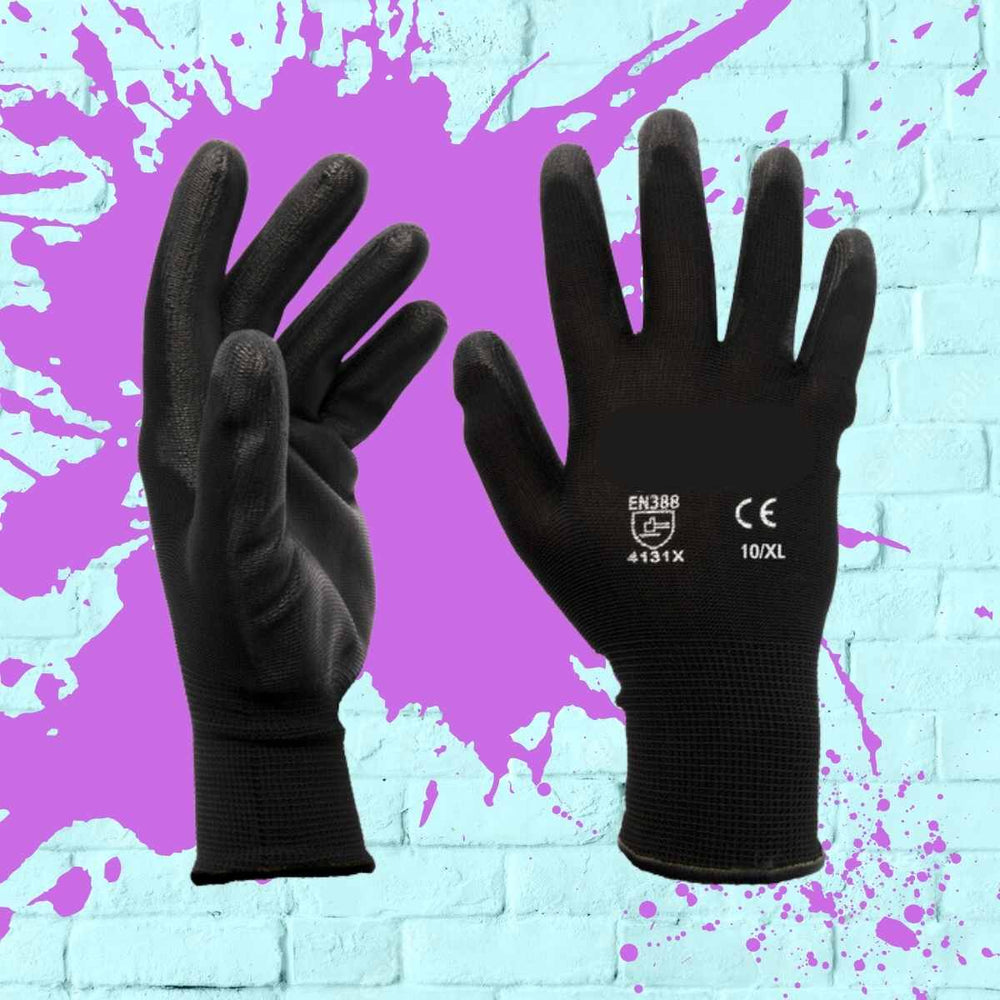 High Quality Black Nylon Nitrile Coated Safety Work Gloves available in small, medium, large and extra large.