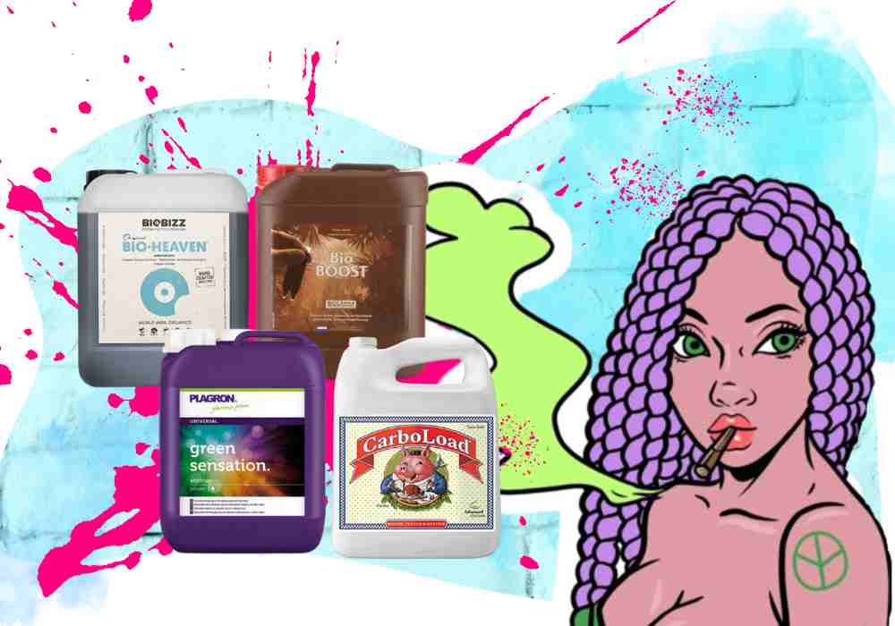 SEXY BLACK GIRL WITH PURPLE BRAIDS SMOKING GREEN SMOKE ON BLUE BRICK WALL BACKGROUND WITH PINK PAINT SPLATTER, BESIDE RANGE OF PRODUCTS