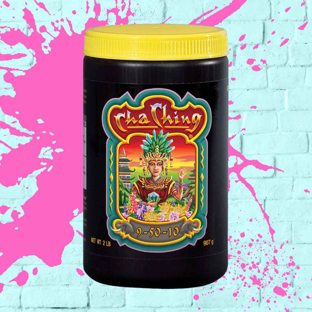 Fox Farm Cha Ching Fertilizer, a high phosphorus fertilizer designed to enhance fruit set during the growth stages of plants.