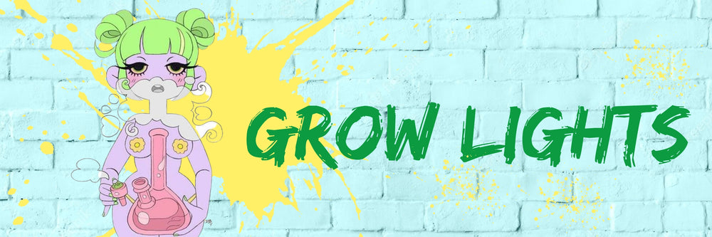 Cartoon character with green hair and pink outfit on a blue brick wall background with 'Grow Lights' text.