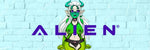 SEXY GREEN NAKED ALIEN GIRL WITH NIPPLE PIERCINGS AND WHITE HAIR STANDING BEHIND THE ALIEN LOGO ON A BLUE BRICK WALL BACKGROUND