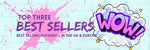BEST SELLER COLLECTION BANNER WITH COMIC BOOK 'WOW' IN STAR SPANGLED CLOUD SET ON BLUE BRICK WALL WITH PINK PAINT SPLATTER
