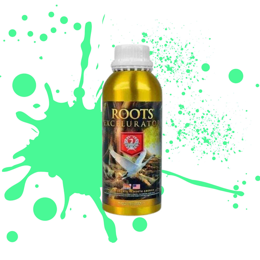 HOUSE & GARDEN ROOTS EXCELURATOR GOLD ON WHITE BACKGROUND WITH GREEN PAINT SPLATTER