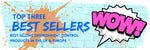 BEST SELLER COLLECTION BANNER WITH COMIC BOOK 'WOW' IN CLOUD SET ON BLUE BRICK WALL WITH ORANGE PAINT SPLATTER