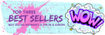 BEST SELLER COLLECTION BANNER WITH COMIC BOOK 'WOW' IN STAR SPANGLED CLOUD SET ON BLUE BRICK WALL WITH PINK PAINT SPLATTER