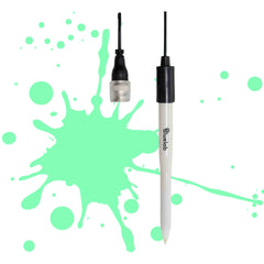 BLUELAB LEAP PH PROBE ON WHITE BACKGROUND WITH GREEN PAINT SPLATTER