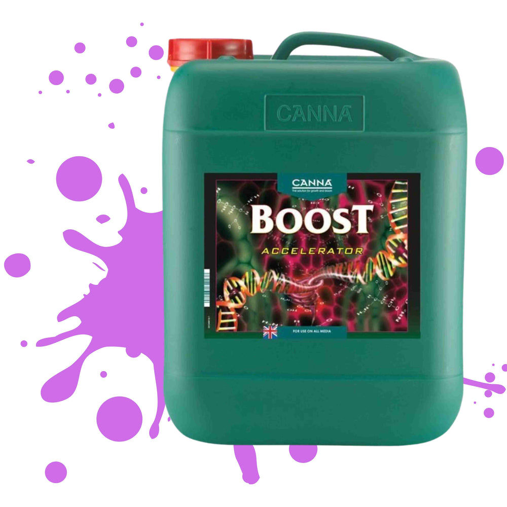CANNA BOOST 5L BOTTLE ON WHITE BACKGROUND WITH PURPLE PAINT SPLATTER