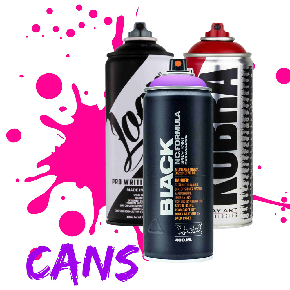 MONTANA, LOOP, AND KOBRA CANS ON WHITE BACKGROUND WITH PINK PAINT SPLATTER