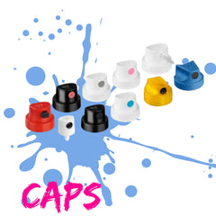 RANGE OF SPRAY PAINT CAN CAPS ON WHITE BACKGROUND WITH BLUE PAINT SPLATTER