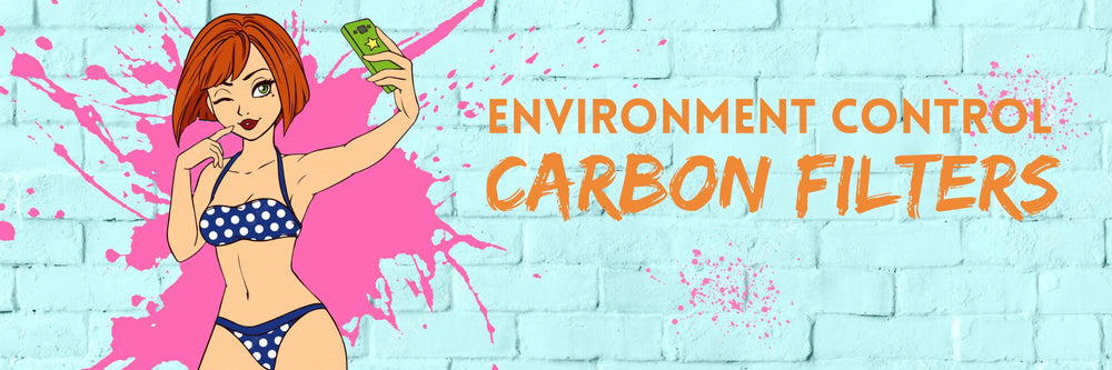 CUTE RED HAIRED GIRL IN A POLKA DOT BIKINI TAKING A SELFIE WITH A GREEN PHONE STANDING AGAINST A BLUE WALL WITH PINK PAINT SPLATTER SHOWING TITLE 'ENVIRONMENT CONTROL CARBON FILTERS'