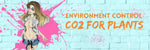 SEXY BLONDE IN DAISY DUKES AND OPEN BLOUSE STANDING AGAINST A BLUE WALL WITH PINK PAINT SPLATTER SHOWING TITLE 'ENVIRONMENT CONTROL CO2 FOR PLANTS'