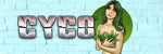 SEXY ALTERNATIVE GIRL HOLDING LEAVES OVER HER BREASTS, STANDING NEXT TO CYCO LOGO ON A BLUE WALL BACKGROUND