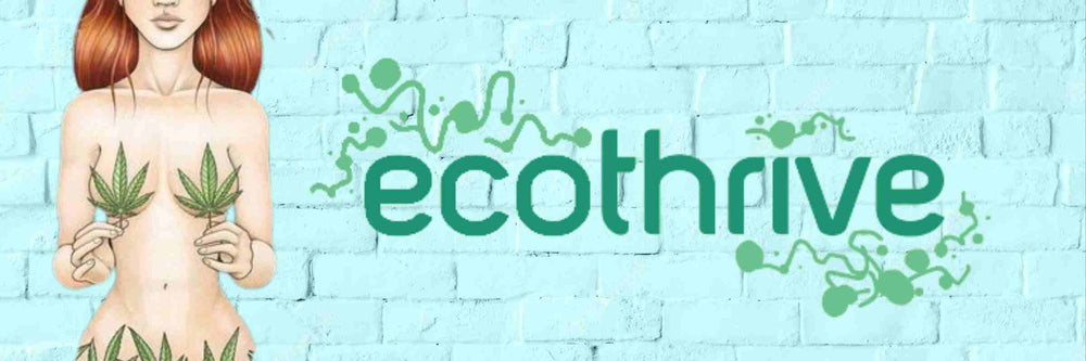 ECOTHRIVE LOGO AND NAKED HIPPIE GIRL HOLDING LEAVES OVER HER BREASTS