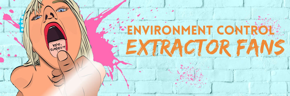 HAND HOLDING THE TATTOOED TONGUE OF A SEXY BLONDE GIRL, SHOWING TONGUE TATTOO SAYING 'YES DADDY' AGAINST A BLUE WALL WITH PINK PAINT SPLATTER SHOWING TITLE 'ENVIRONMENT CONTROL EXTRACTOR FANS'