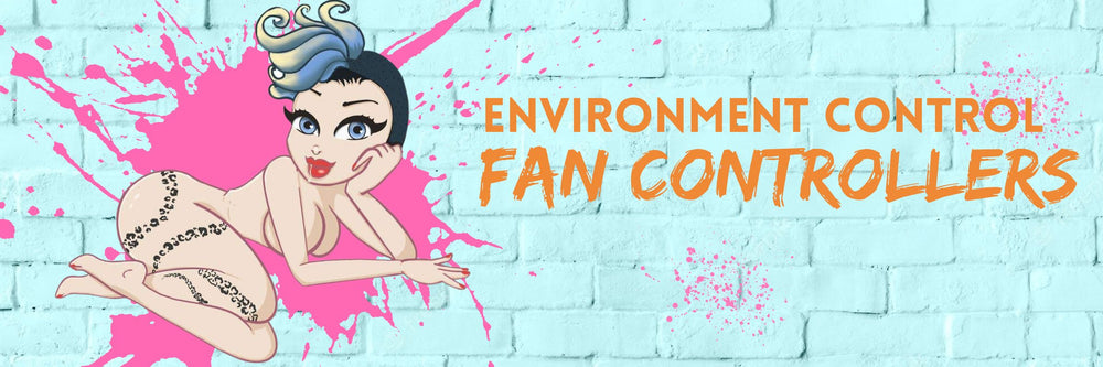 SEXY TATTOOED GIRL WITH BLUE MOHAWK LYING NAKED WITH HAND UNDER CHIN AGAINST A BLUE WALL WITH PINK PAINT SPLATTER SHOWING TITLE 'ENVIRONMENT CONTROL FAN CONTROLLERS'