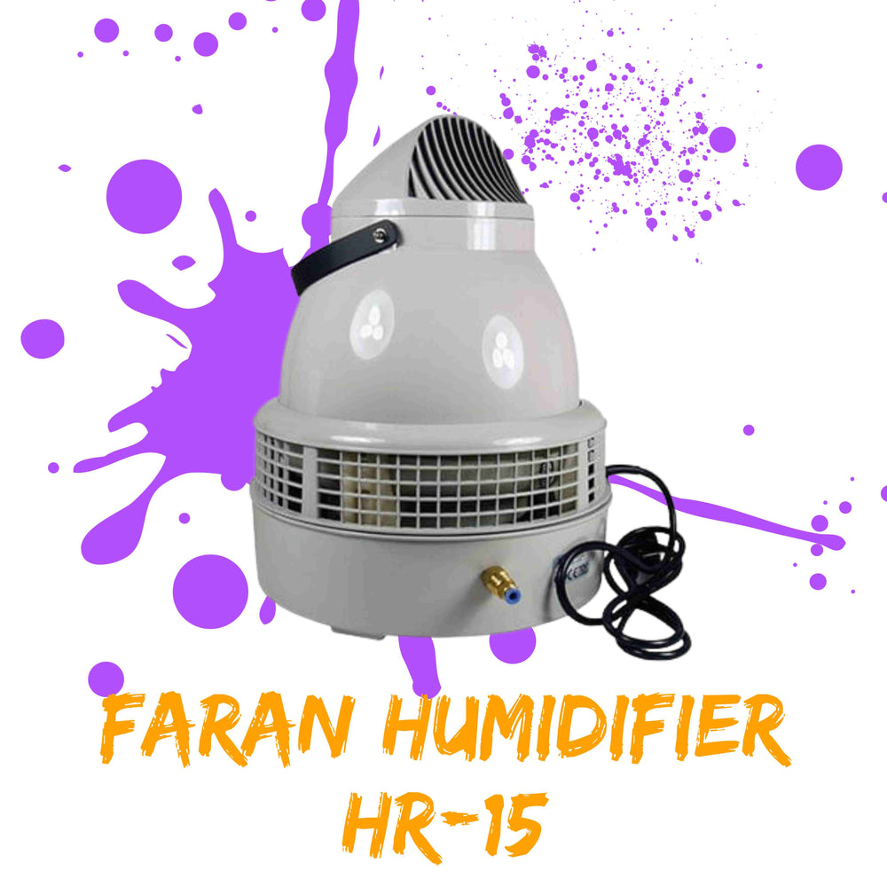 FARAN HUMIDIFIER HR-15 ON WHITE BACKGROUND WITH PURPLE PAINT SPLATTER