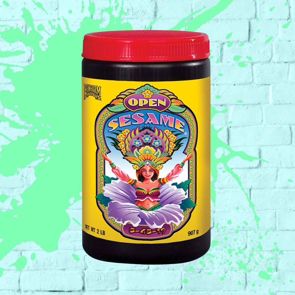 Fox Farm Open Sesame Fertilizer promoting flowering plant growth for vigorous blooming and bud development.