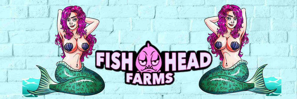 TWO SEXY MERMAIDS WITH PURPLE HAIR AND SHELL BRAS SITTING ON OPPOSITE SIDES OF THE FISH HEAD FARMS LOGO, ON A BLUE BRICK WALL BACKGROUND