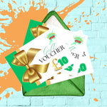 green envelope with various denomination gift vouchers sitting on top of the envelope, positioned against a blue brick wall with orange paint splatter
