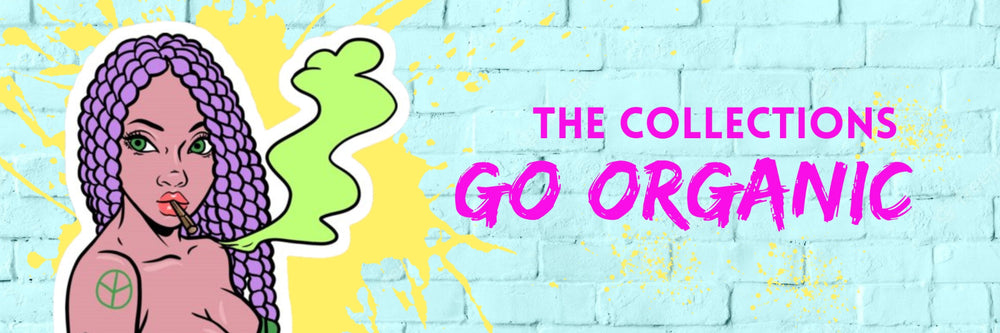 Promotional banner with a stylized illustration of a person with purple hair and the text 'The Collections Go Organic' on a colorful background.