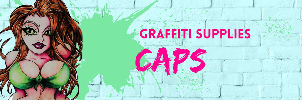 SEXY GRAFFITI GIRL WITH GREEN BIKINI AGAINST BLUE BRICK WALL WITH GREEN PAINT SPLATTER SHOWING TEXT 'CAPS'
