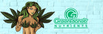GREEN PLANET LOGO AND CARTOON CAVEWOMAN WITH LEAF BRA AND GREEN HAIR