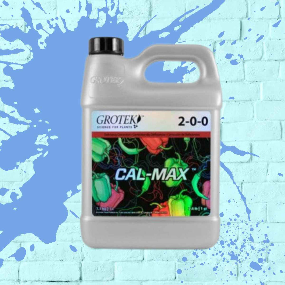 Grotek Cal Max packaging highlighting its benefits for addressing nutrient deficiencies in soilless mediums.