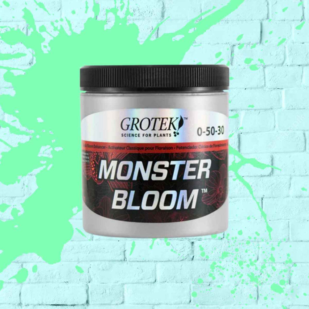 Grotek Monster Bloom product packaging showcasing nutrients for flowering plants.