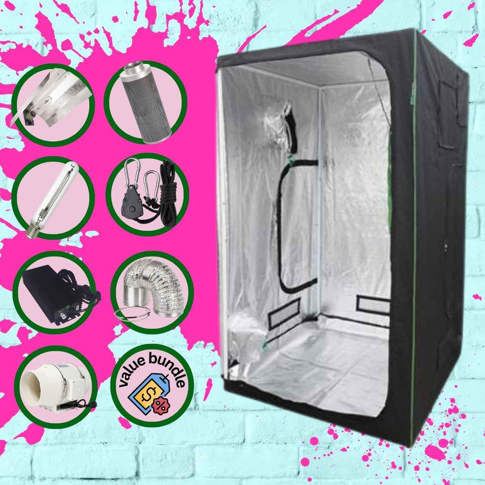 1.2 X 1.2 X 2.0 GROW TENT ON BLUE BRICK WALL WITH PINK PAINT SPLATTER. EIGHT CIRCLES SHOWING BUNDLE ITEMS INCLUDING EURO REFLECTOR, CARBON FILTER, HPS BULB, ROPE RATCHETS, BALLAST, DUCTING AND JUBILEE CLIPS, AND PAXI FAN