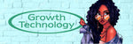 GROWTH TECHNOLOGY LOGO AND SEXY BLACK WOMAN WITH SUNGLASSES AND PURPLE ROBE FALLING OFF HER SHOULDER