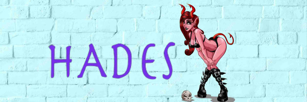 SEXY REDHEAD IN BLACK LEATHER LINGERIE, WEARING A DEVIL TAIL AND DEVIL HORNS, BENDING OVER THE HADES LOGO BESIDE A SKULL, ON A BLUE BRICK WALL BACKGROUND