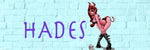 SEXY REDHEAD IN BLACK LEATHER LINGERIE, WEARING A DEVIL TAIL AND DEVIL HORNS, BENDING OVER THE HADES LOGO BESIDE A SKULL, ON A BLUE BRICK WALL BACKGROUND