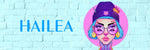 HAILEA LOGO AND TRIPPY BLUE HAIRED GIRL WITH SUNGLASSES AND FOUR EYES WEARING A PURPLE BEANIE