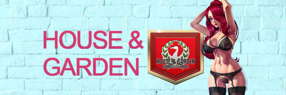 HOUSE AND GARDEN LOGO WITH SEXY REDHEAD IN SUSPENDERS AND STOCKINGS WITH HER HANDS BEHIND HER HEAD
