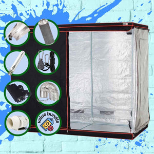 1.2 X 1.2 X 2.4 GROW TENT ON BLUE BRICK WALL WITH BLUE PAINT SPLATTER. EIGHT CIRCLES SHOWING BUNDLE ITEMS INCLUDING EURO REFLECTOR, CARBON FILTER, HPS BULB, ROPE RATCHETS, BALLAST, DUCTING AND JUBILEE CLIPS, AND PAXI FAN