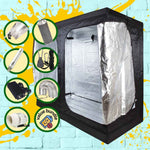 1.2 X 2.4 X 2.0 GROW TENT ON BLUE BRICK WALL WITH YELLOW PAINT SPLATTER. EIGHT CIRCLES SHOWING BUNDLE ITEMS INCLUDING EURO REFLECTOR, CARBON FILTER, HPS BULB, ROPE RATCHETS, BALLAST, DUCTING AND JUBILEE CLIPS, AND PAXI FAN
