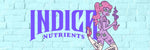 SEXY ALIEN GIRL WITH PURPLE TATTOOED SKIN AND PINK HAIR WEARING ONLY THIGH HIGH WHITE SOCKS AND PINK HEELS, KICKING UP ONE FOOT BESIDE THE INDICA NUTRIENTS LOGO ON A BLUE BRICK WALL BACKGROUND
