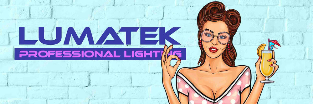 LUMATEK LOGO AND SEXY 1950S CARTOON WOMAN IN PINK POLKA DOT LOW CUT DRESS HOLDING A COCKTAIL AND MAKING THE OK SIGN