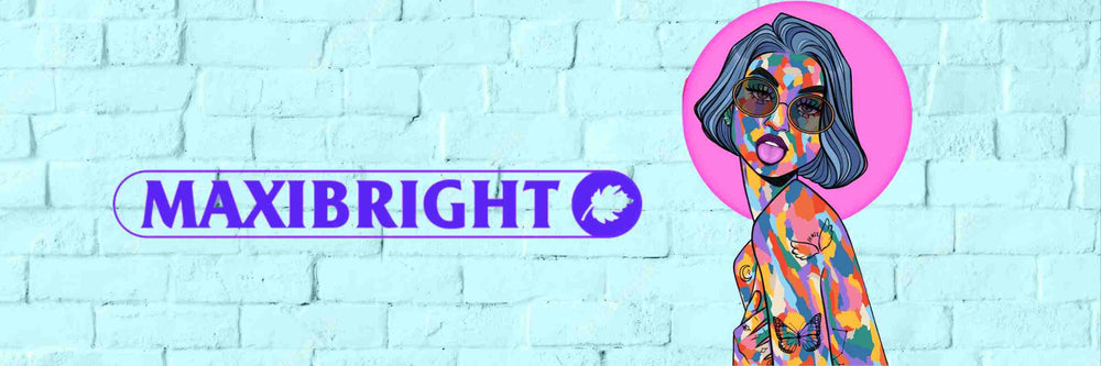 MAXIBRIGHT LOGO AND NAKED TATTOOED GIRL COVERED IN MULTICOLOURED PAINT WITH SUNGLASSES AND PINK HALO