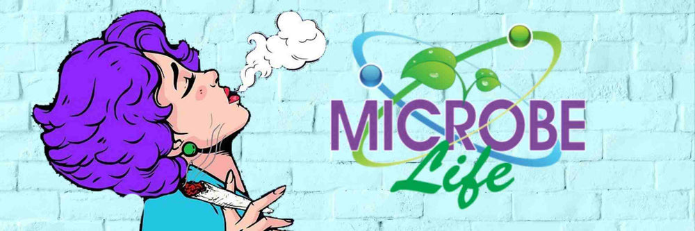 SEXY RETRO LADY WITH PURPLE HAIR AND GREEN EARRINGS SMOKING AND BLOWING SMOKE WITH HER EYES CLOSED BESIDE THE MICROBE LIFE LOGO ON A BLUE BRICK WALL BACKGROUND