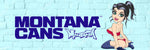 MONTANA CANS LOGO AND SEXY DOMINATRIX CARTOON GIRL KNEELING AND GRABBING HER ANKLES, WEARING RED LINGERIE AND BLACK THIGH HIGH BOOTS