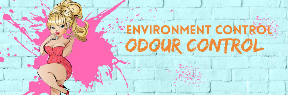 SEXY BLONDE CARTOON GIRL IN PINK BOOB TUBE HOLDING FINGER TO MOUTH, STANDING AGAINST A BLUE WALL WITH PINK PAINT SPLATTER SHOWING TITLE 'ENVIRONMENT CONTROL ODOUR CONTROL'