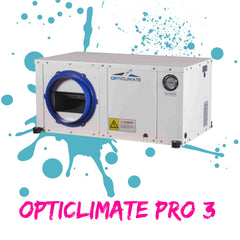 OPTICLIMATE PRO 3 AIR CONDITIONING UNIT ON WHITE BACKGROUND WITH TEAL PAINT SPLATTER