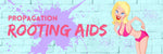 SEXY CARTOON BLONDE IN A PINK BIKINI BENDING OVER PROVOCATIVELY AND PULLING ON HER LIP WITH HER FINGER, WHILE INDICATING HER BUM WITH HER OTHER HAND. SHE IS STANDING AGAINST A BLUE BRICK WALL WITH PURPLE PAINT SPLATTER AND TEXT READING 'PROPAGATION ROOTING AIDS'