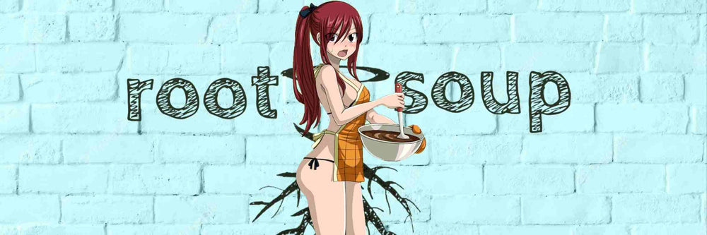 SEXY REDHEAD GIRL WEARING ONLY AN APRON, STIRRING A MIXTURE IN A BOWL, STANDING IN FRONT OF THE ROOT SOUP LOGO ON A BLUE BRICK WALL BACKGROUND