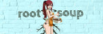 SEXY REDHEAD GIRL WEARING ONLY AN APRON, STIRRING A MIXTURE IN A BOWL, STANDING IN FRONT OF THE ROOT SOUP LOGO ON A BLUE BRICK WALL BACKGROUND