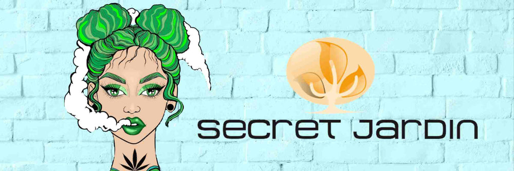 SECRET JARDIN LOGO AND MYSTERIOUS GREENHAIRED GIRL WITH NECK TATTOO AND GREEN LIPSTICK SMOKING
